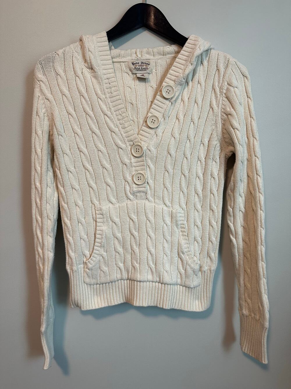 Vintage Polo Jeans Ralph Lauren 1967 Womens M Cable Knit Hoodie Sweater 90s/ Y2K